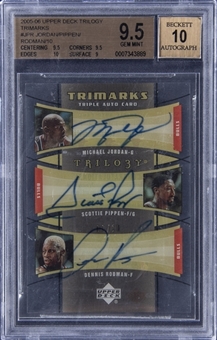 2005-06 Upper Deck Trilogy Trimarks #JPR Michael Jordan/Scottie Pippen/Dennis Rodman Triple Signed Card (#02/10) - BGS GEM MINT 9.5/BGS 10